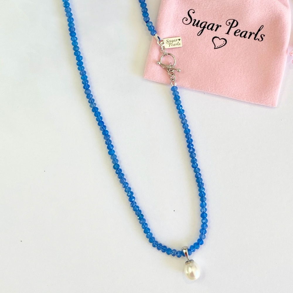 Blue Agate & 14k White Gold Pearl Pendant Necklace